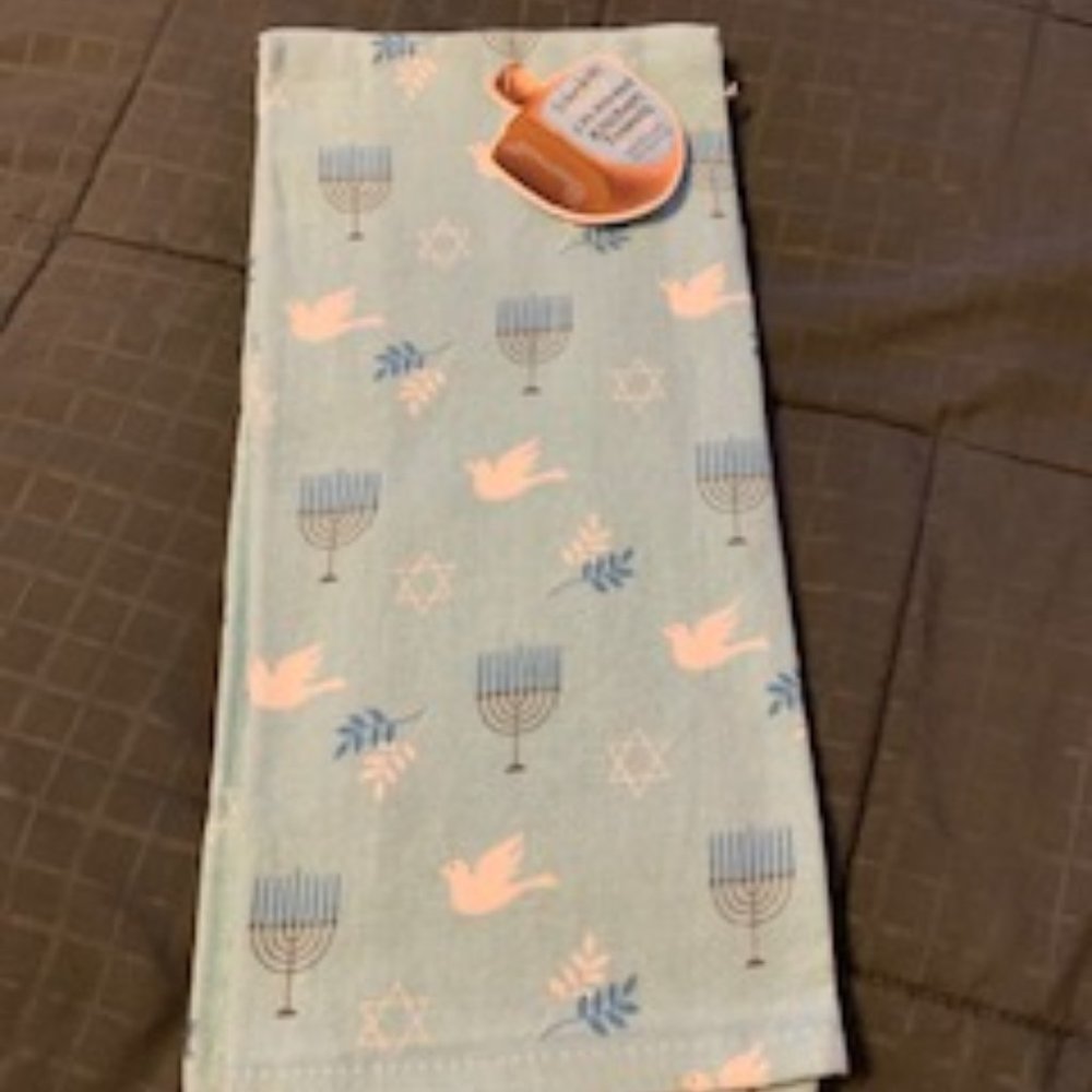 set of 2 Chanukah dish towels   Menorahs, Stars of David and White Doves